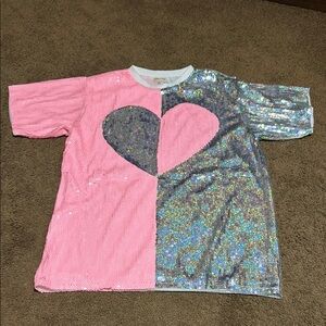 Sequin Heart Shirt - Pink and Silver